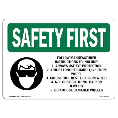 OSHA SAFETY FIRST Sign, Follow Manufacturer Instructions W/ Symbol, 5in X 3.5in Decal, 10PK